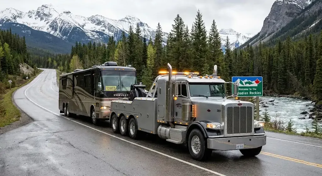 Brampton heavy-duty tow truck with RV in transport