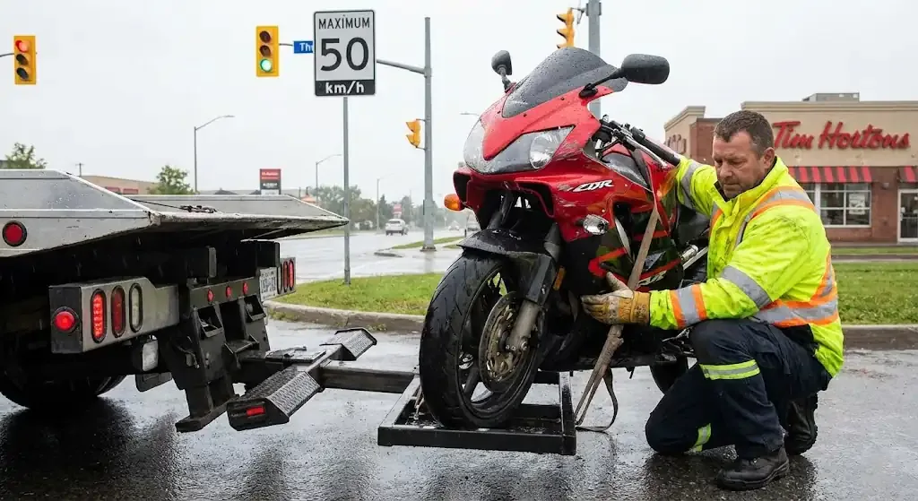 Brampton motorcycle being safely loaded for transport