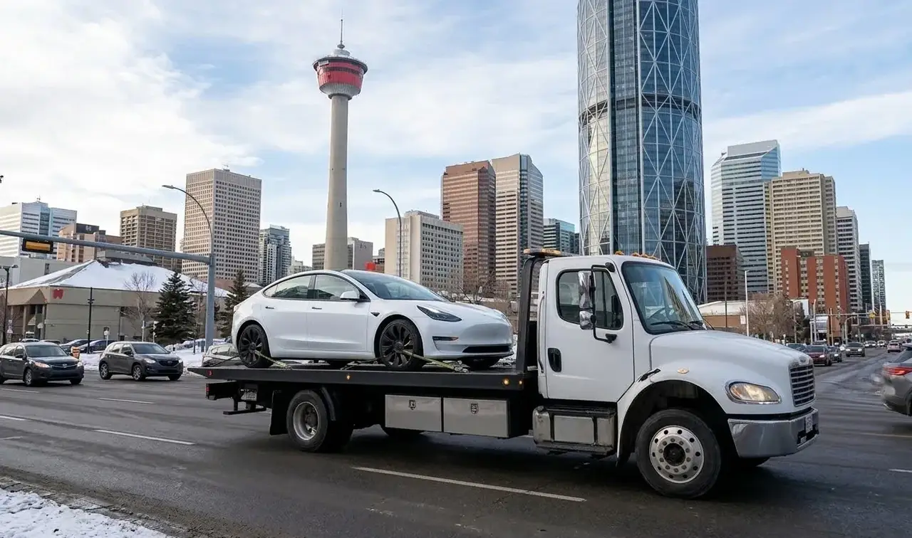 Brampton electric vehicle on flatbed transport